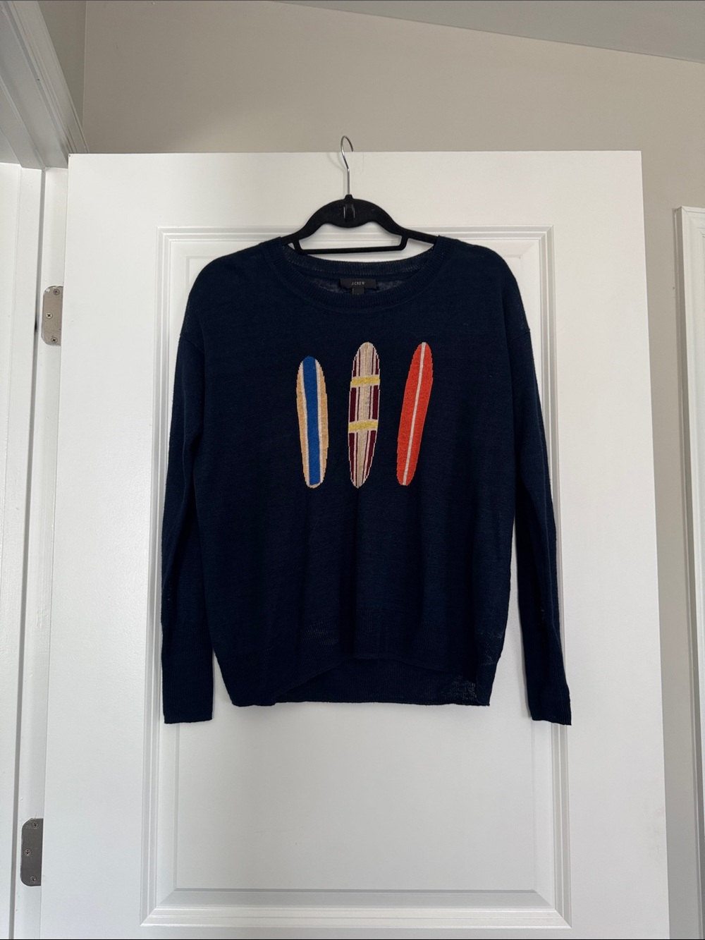 J. Crew Navy Crewneck Linen Sweater with Surfboard Appliqués